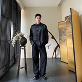 秋季中式盘扣立领长袖男女衬衣潮流复古缎面印花竹叶衬衫176P75，男装衬衫，星座901-1（原C217）