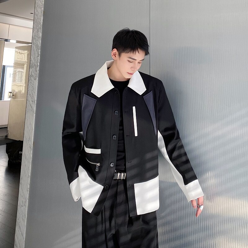 23新款撞色设计翻领男夹克韩版潮流宽松休闲雅痞外套144P135图片