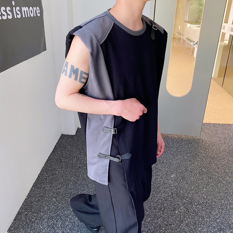 夏季个性撞色拼接皮袢设计圆领无袖垫肩男背心韩版痞帅坎肩156P75,男装背心/马甲,星座901-1（原C217）