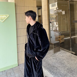 秋季韩版丝绒休闲套装个性织带连帽卫衣潮流阔腿拖地长裤186P215图片