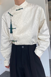 秋新中式缎面提花盘扣立领长袖男女衬衣流苏压襟风衬衫190P105图片