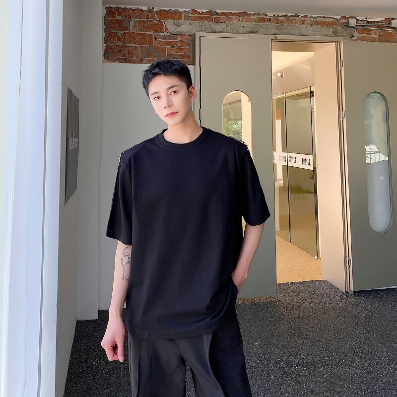 夏季韩版简约纯色垫肩圆领皮袢设计款男短袖T恤痞帅休闲157P70，男装T恤，星座901-1（原C217）