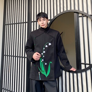 冬季新中式加厚毛呢立领西服外套潮流风刺绣铃兰禅意192P165图片