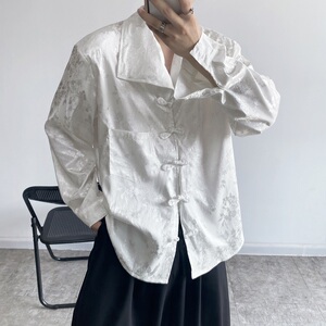 春季小众改良中式缎面提花复古盘扣翻领长袖男女衬衣暗黑123P85图片