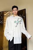 秋季中式盘扣立领长袖男女衬衣潮流复古缎面印花竹叶衬衫176P75，男装衬衫，星座901-1（原C217）