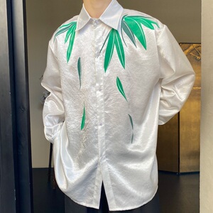 秋季新中式锦缎竹叶印花翻领长袖男女衬衣复古风禅意衬衫188P80图片