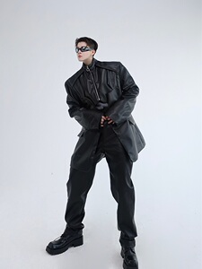 秋冬设计款立领解构拼接潮流男皮衣外套时髦个性痞帅西服121P155图片