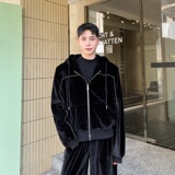 秋季韩版丝绒休闲套装个性织带连帽卫衣潮流阔腿拖地长裤186P215，男装休闲套装，星座901-1（原C217）