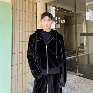 秋季韩版丝绒休闲套装个性织带连帽卫衣潮流阔腿拖地长裤186P215图片