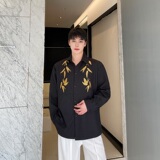 春季新中式刺绣翻领长袖男女衬衣潮流复古纯色风衬衫203P90，男装衬衫，星座901-1（原C217）