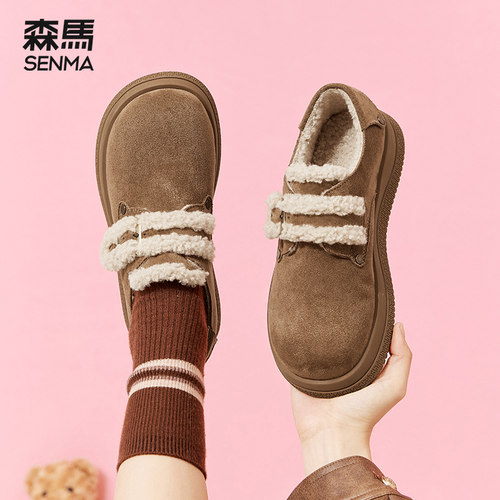 森马乐福鞋女英伦风2025新款冬季加绒保暖棉鞋厚底百搭休闲毛毛鞋