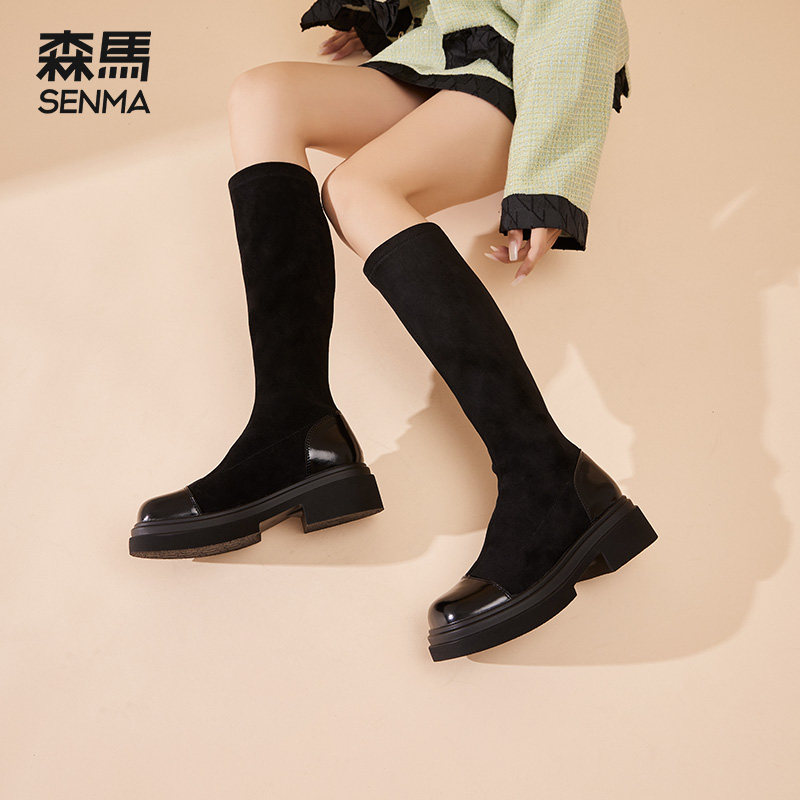森马长靴女小个子2023新款厚底增高长筒靴黑色不过膝靴瘦腿弹力靴高性价比高么？