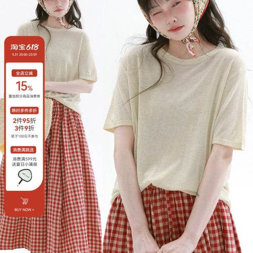 稀有RARE 亚麻圆领短袖日系休闲简约基础T恤复古文艺显瘦百搭上衣