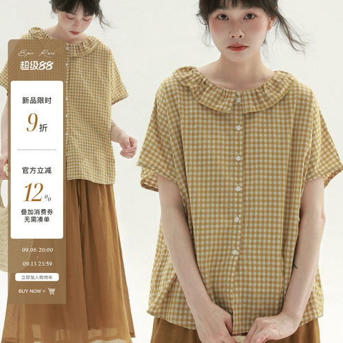 稀有RARE“田园”花边领格子衬衫日系森女风短袖衬衫休闲百搭上衣