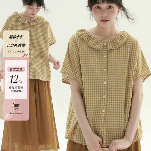 稀有RARE“田园”花边领格子衬衫日系森女风短袖衬衫休闲百搭上衣