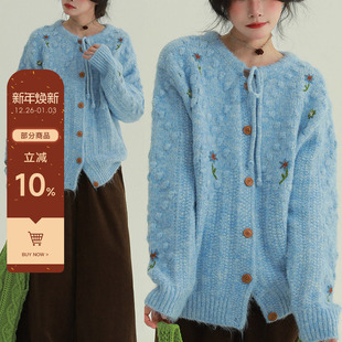 稀有RARE 圆领系带花朵刺绣毛衣甜美减龄文艺舒适简约百搭上衣女