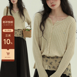 休闲百搭文艺舒适简约内搭上衣女 竖条纹贝母针织衫 稀有RARE 琥珀