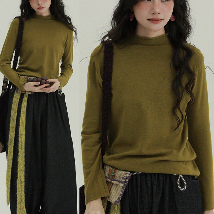 稀有RARE 秋冬打底多色卷边小高领软糯文艺复古内搭针织长袖上衣