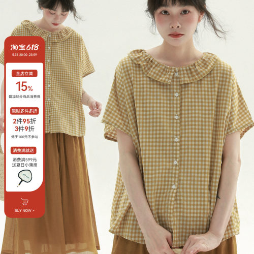 稀有RARE“田园”花边领格子衬衫日系森女风短袖衬衫休闲百搭上衣