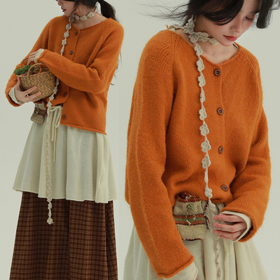 稀有RARE 圆领扣子卷边毛衣秋冬复古文艺舒适简约百搭休闲上衣女