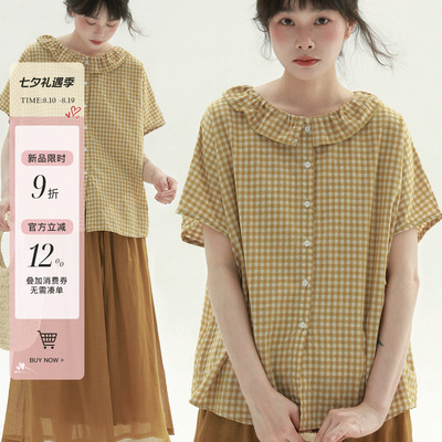 稀有RARE“田园”花边领格子衬衫日系森女风短袖衬衫休闲百搭上衣