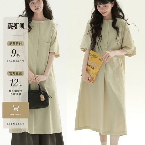 稀有RARE 口袋圆领纯色连衣裙日系文艺复古休闲简约气质连衣裙女