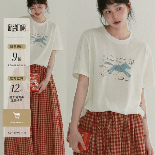 稀有RARE 雪花棉小马印花T日系卡通印花短袖T恤圆领宽松显瘦上衣