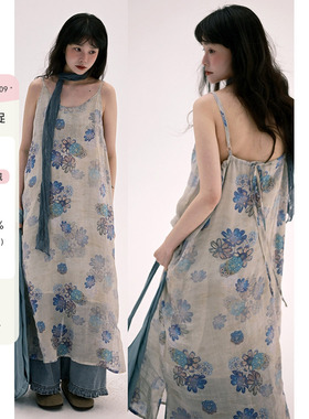 稀有RARE 苎麻山野吊带裙小众设计感撞色复古风细肩带吊带连衣裙