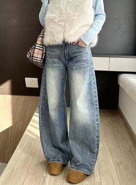 美式弯刀阔腿牛仔裤女秋季新款浅色中低腰遮胯显瘦拖地裤