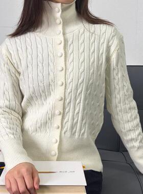 2025秋冬新款韩系高领麻花针织开衫女设计感纯色洋气毛衣