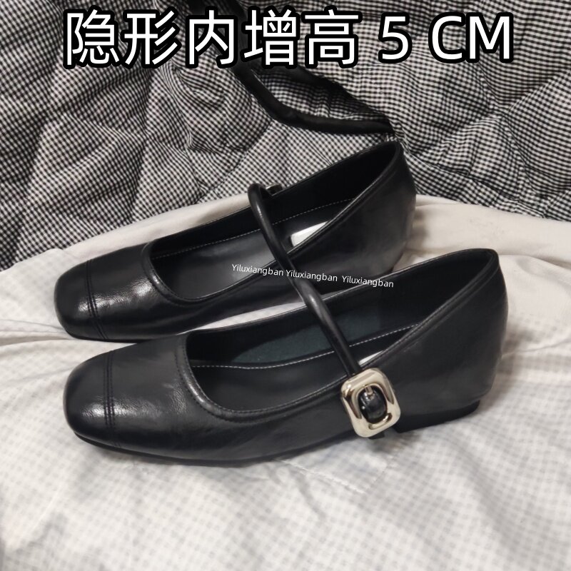 内增高女鞋5cm玛丽珍 黑色真皮小码3233巨好看的春一字扣工作单鞋