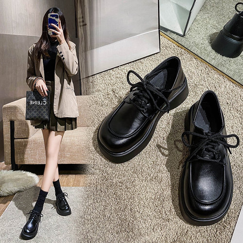 小皮鞋韩版系带厚底单鞋黑色