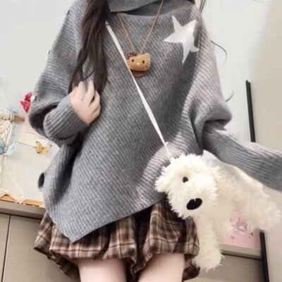 设计感小众灰色高领斗篷上衣女秋冬新款高级感长袖软糯针织衫毛衣