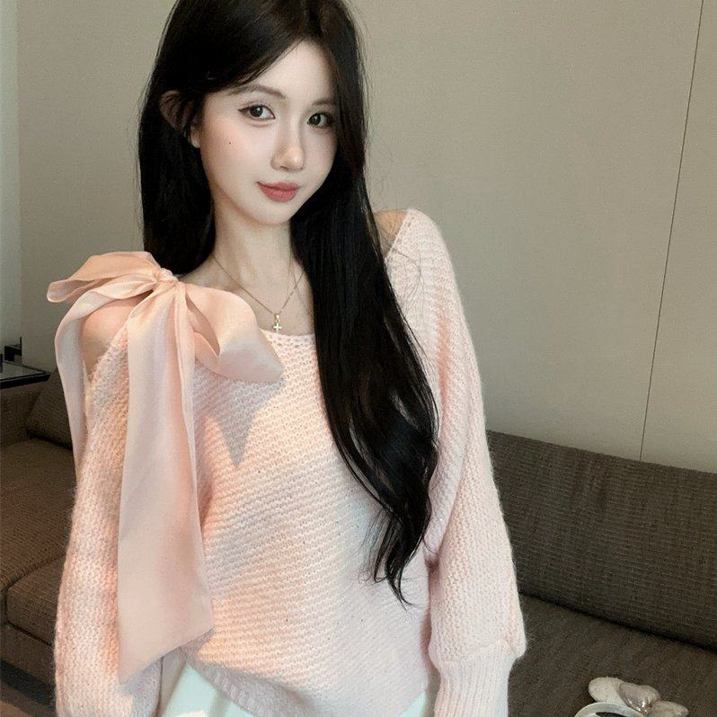 实拍实价 温柔风韩系蝴蝶结系带长袖针织秋季新款宽松毛衣