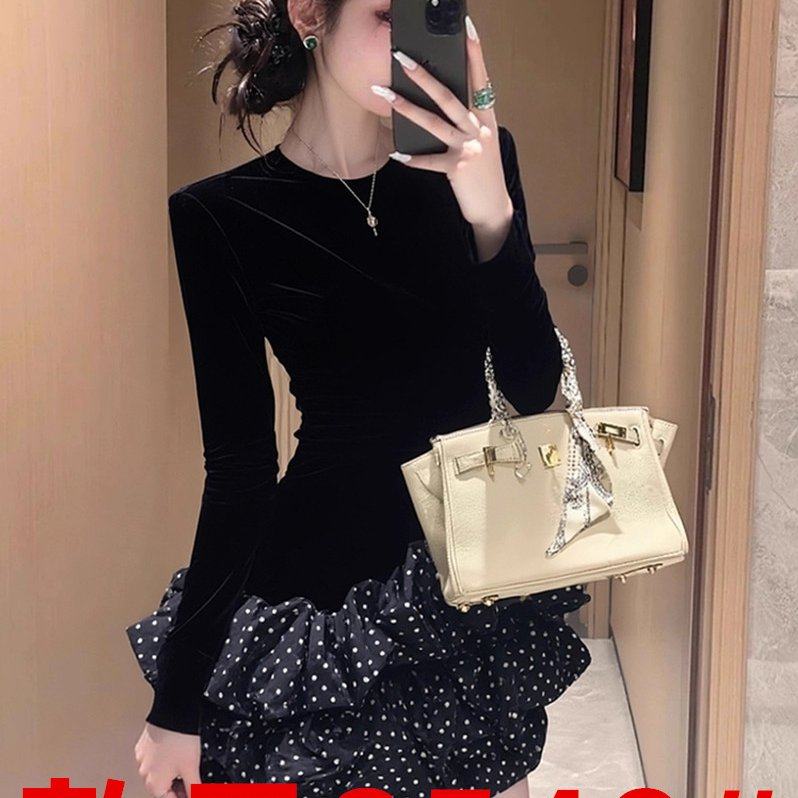 法式富家千金miu系穿搭黑色丝绒拼接波点连衣裙女2025新款小个子