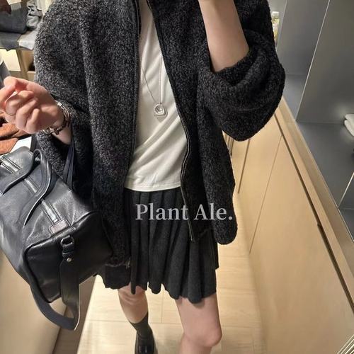 PLANT ALE/2025冬季款绵羊毛针织立领拉链毛衣外套女百搭保暖开衫
