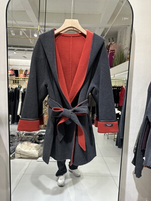 高级感碳灰色小个子连帽浴袍款羊绒大衣女短款撞色双面羊毛呢外套