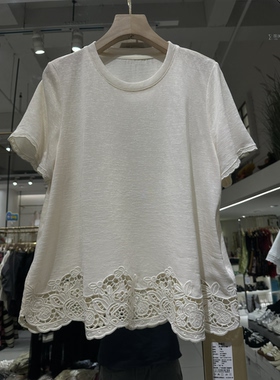 瓦琳汀娜75203 欧货夏装2026款圆领短袖镂空蕾丝烧花下摆T恤上衣