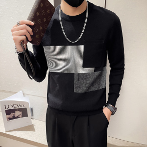 精神小伙2021毛衣针织衫拼色社会风韩版长袖毛衣D326-1 2209P85图片