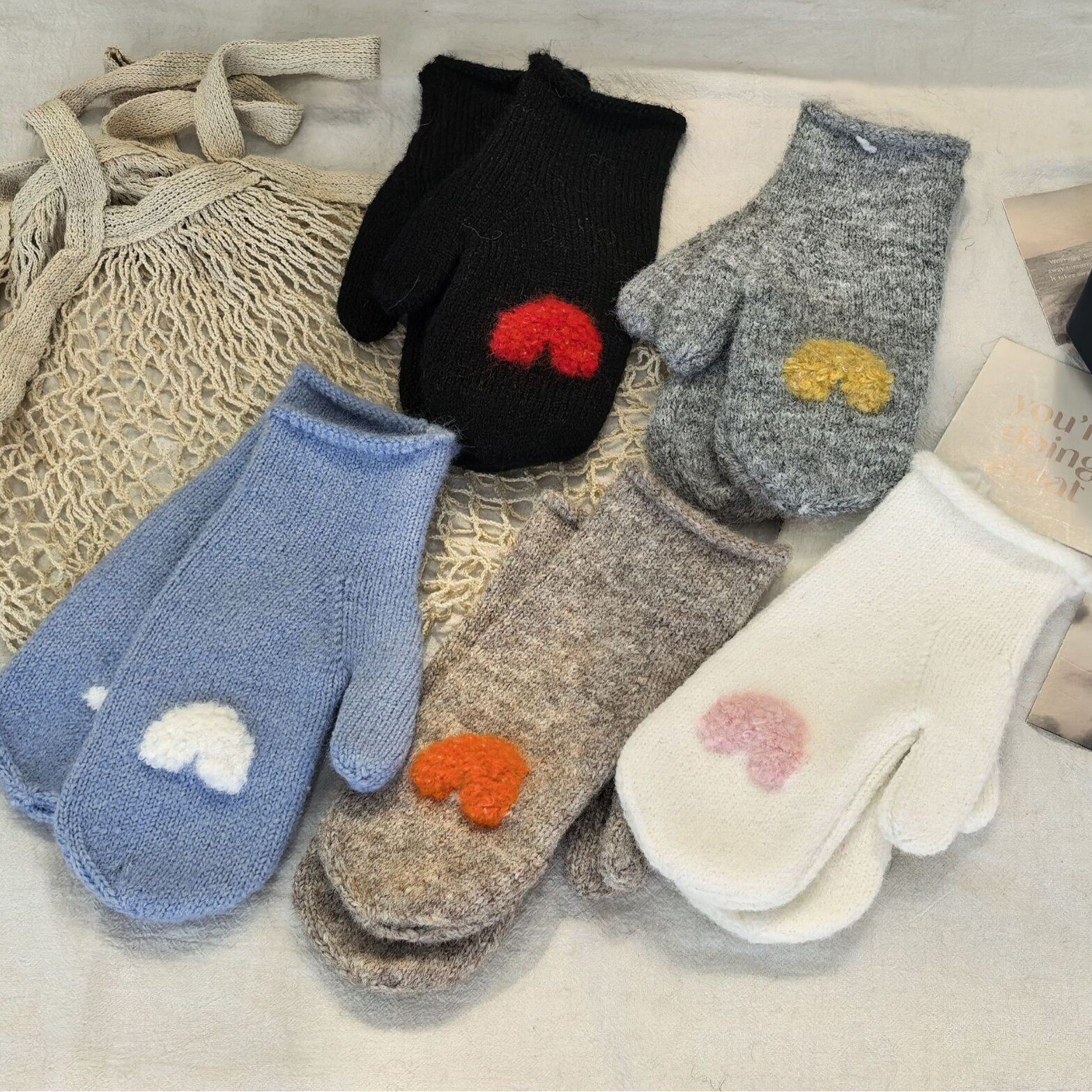 韩国爱心针织全指手套女冬季韩版时尚撞色提花全包学生骑车防寒潮