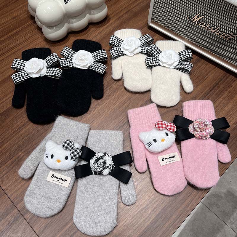 2025热销韩版双层加厚兔毛连指手套小香风千鸟格蝴蝶结山茶花保暖