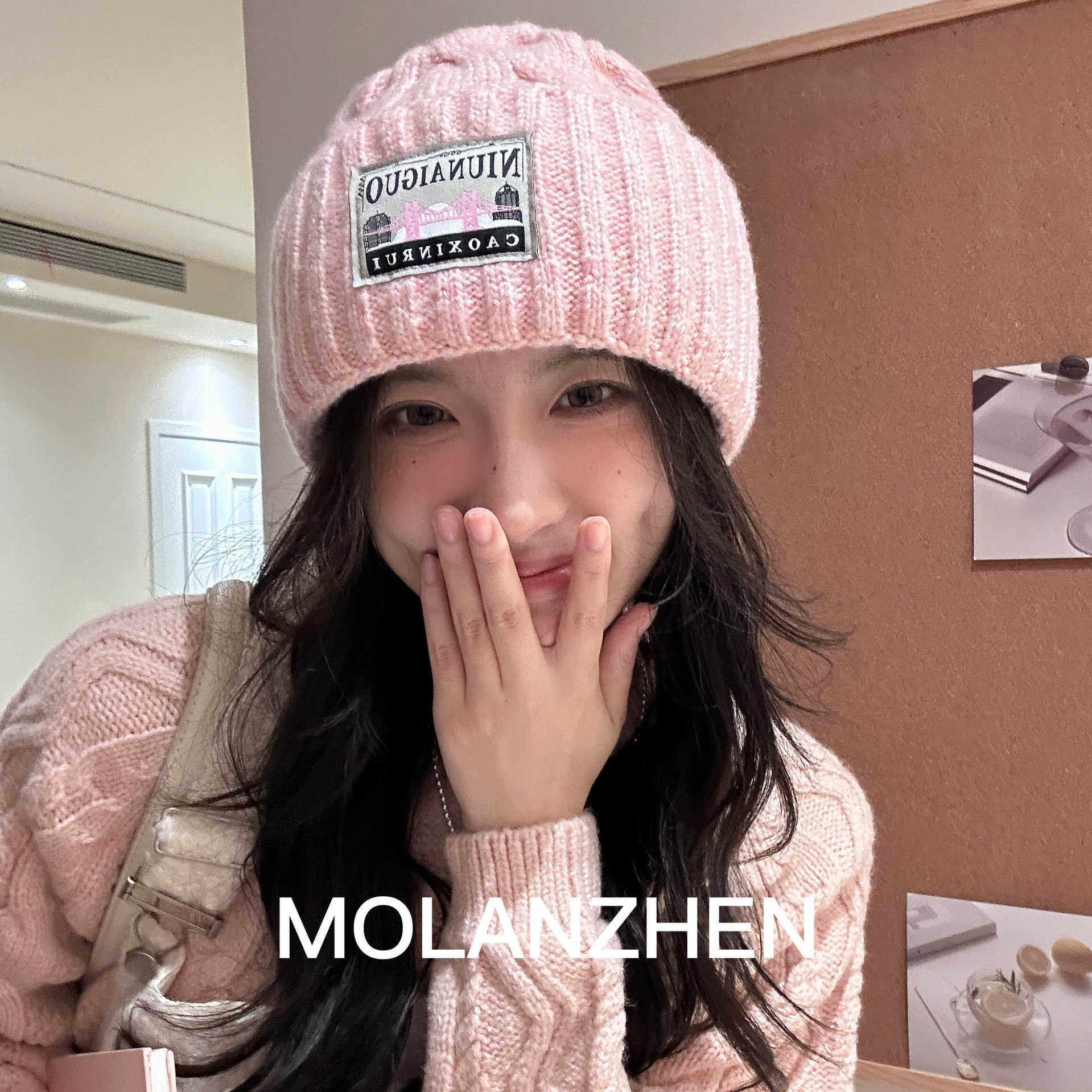 2025热销美式复古布标针织大麻花毛线帽子女秋冬季韩版百搭甜美保