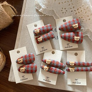 2025热销韩国秋冬新款植绒小熊格子布艺发夹 可爱刘海夹侧边夹儿