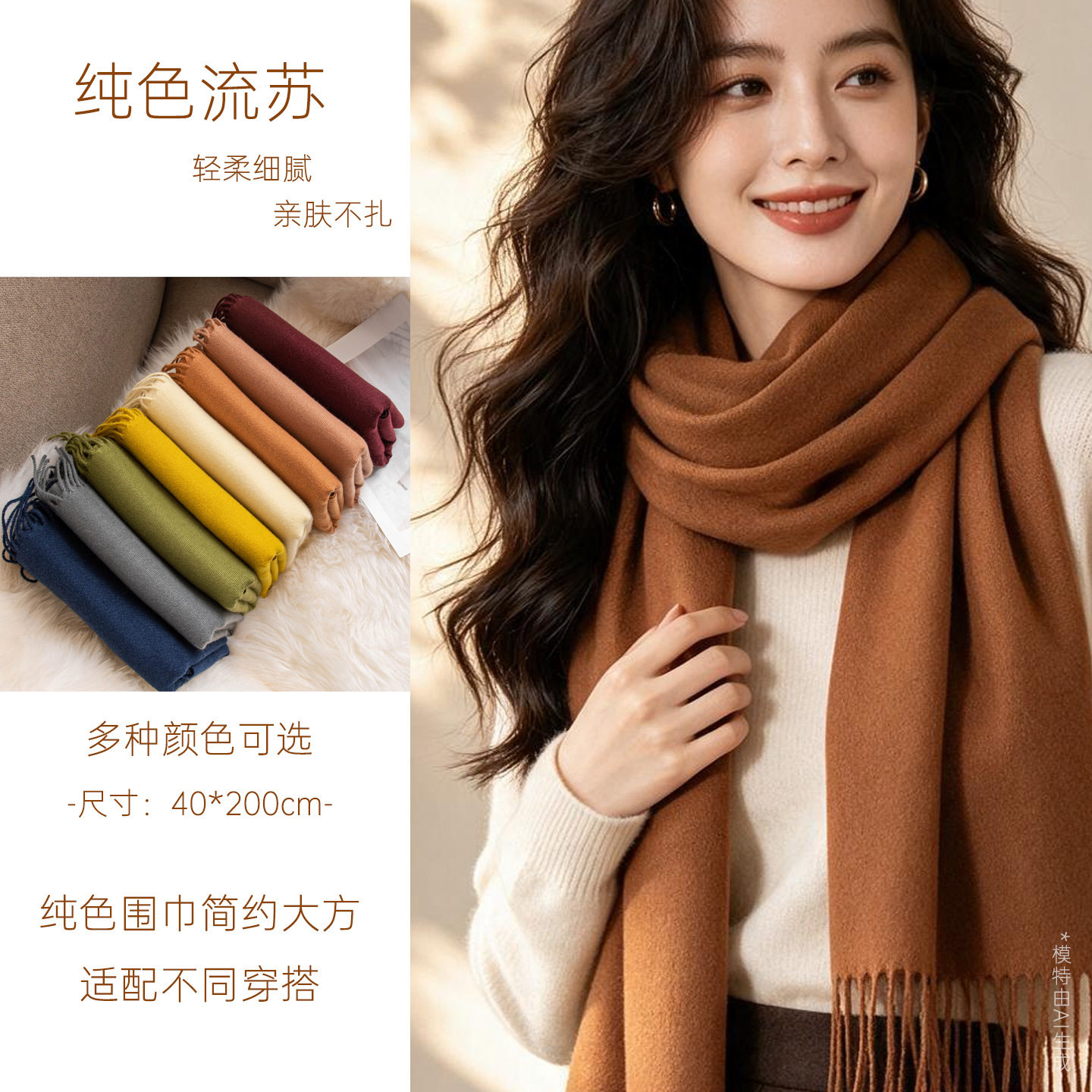 羊绒手感纯色围巾女仿羊绒秋冬氛围感韩系百搭中长款披肩流苏围脖
