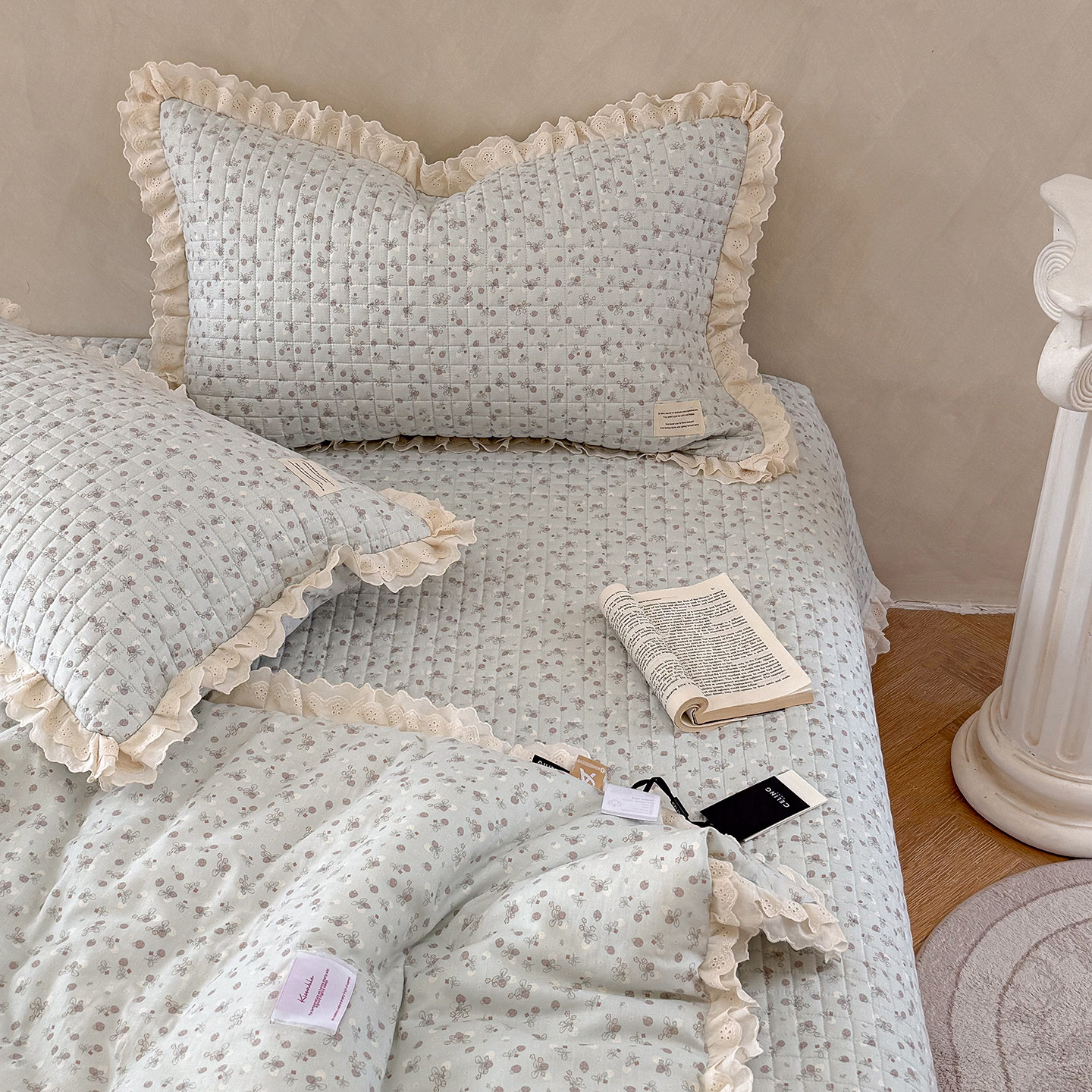 全棉双层纱床盖四件套春秋被可机洗法式花边小碎花全棉夹棉大床单