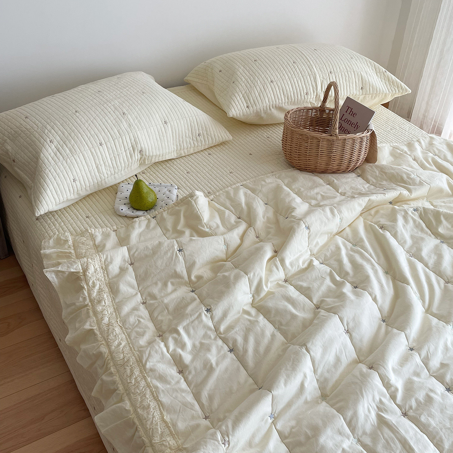 韩国ins星星全棉床盖春秋被四件套双人夹棉简约纯色榻榻米大床单