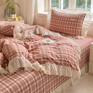 A类全棉棉花床盖三件套纯棉水洗棉韩版 花边可机洗双人荷叶边床单