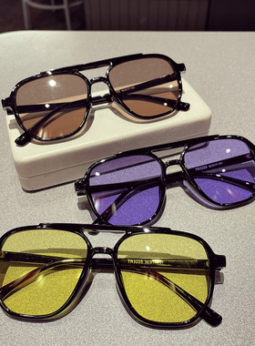 复古TR透黄色墨镜ins痞帅太阳镜男潮夏季大脸显瘦飞行员眼镜韩版