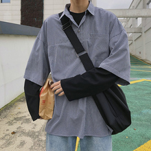 衬衫 男宽松套头格子拼接假两件上衣BF风韩版 学生潮流衬衣 秋季 长袖