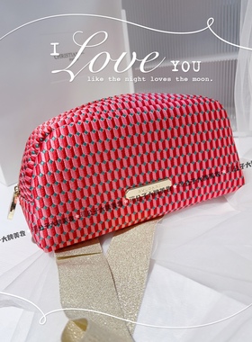 宝格丽Bvlg玫粉色化妆包时尚撞色刺绣布艺化妆品收纳包可改造